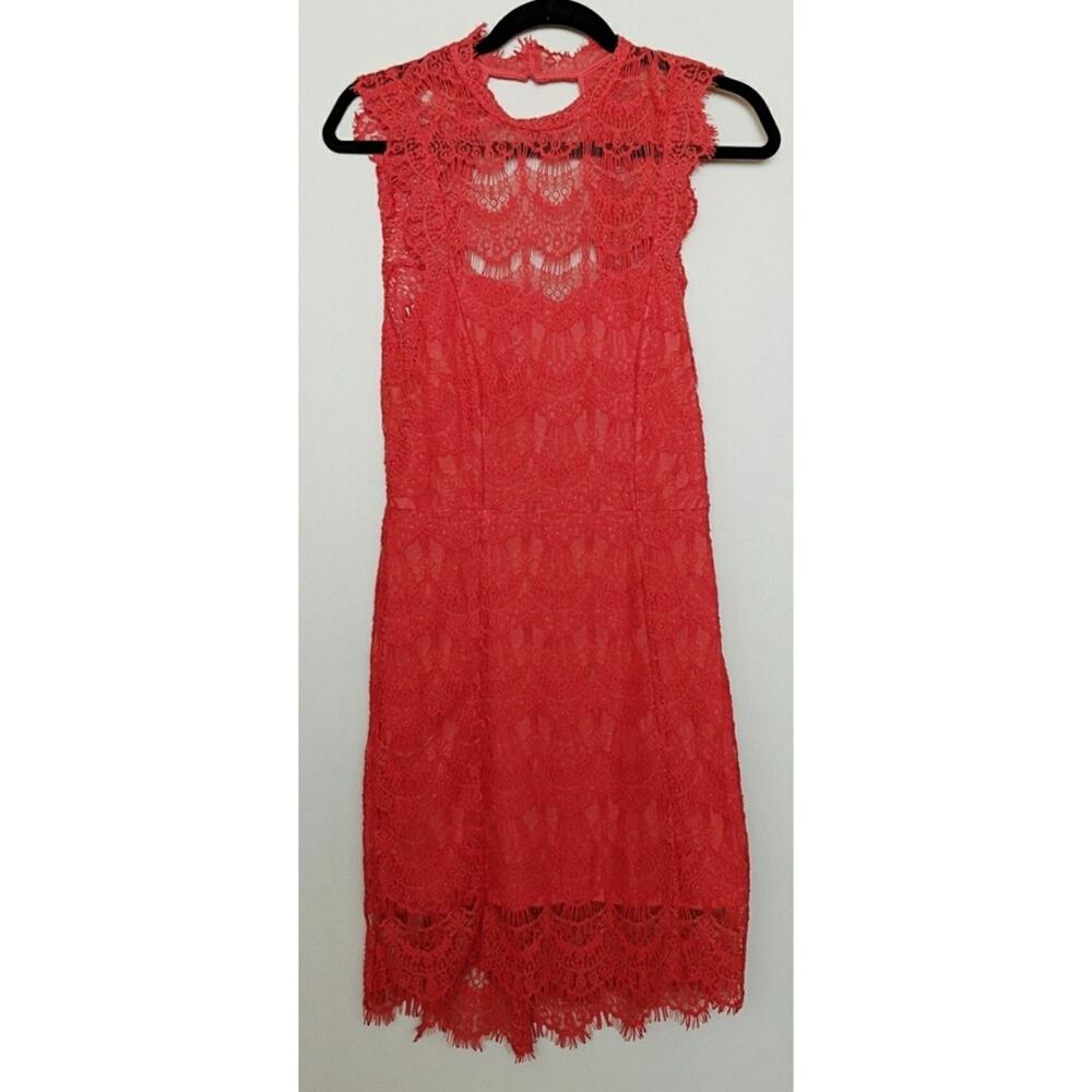 Free People Daydream Slip/Minidress Coral Bodycon Jewel Neck Cap Sleeves S New